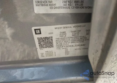 2020 Chevrolet Silverado 1500 4Wd Short Bed Custom z USA, uszkodzony, nr VIN 1GCPYBEK3LZ191443